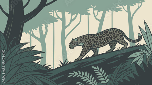 Powerful Jaguar Stalking Uphill in Lush Rainforest Illustration for Wildlife Conservation and Educational Marketing