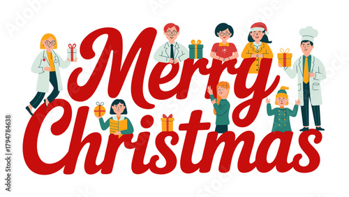 Merry Christmas Celebration: A festive illustration of diverse individuals in various professions, celebrating the holiday spirit with cheerful smiles and gifts, against a backdrop of bold.