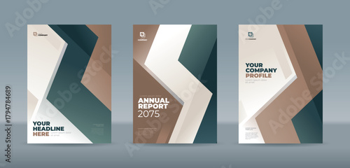 Elegant template with a modern abstract zig-zag geometric pattern in muted tones of dark teal, beige, and brown. A4 size book cover template for annual report, magazine, booklet, proposal, portfolio