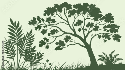 Lush Green Forest Tree and Wild Plants Silhouette Vector for Nature Conservation, Eco Friendly Design, and Tranquil Outdoor Backgrounds