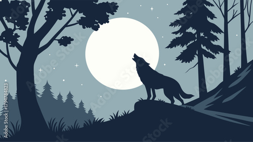 Flat Design Illustration of Wild Wolf Howling at Full Moon in Forest Silhouette Night for Nature Wildlife Adventure and Spiritual Background.