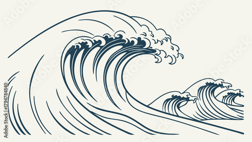 Powerful Ocean Waves Line Art Illustration. Dynamic Sea Water Graphic for Summer Travel, Environmental Design, Web, and Print Projects