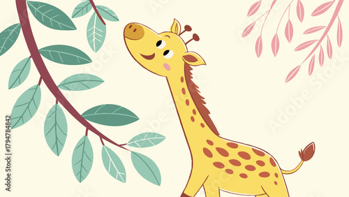 Smiling Baby Giraffe Reaching for Leaves. Cute Cartoon Animal Illustration for Children's Books, Kids Education, Nursery Decor, and Baby Products.