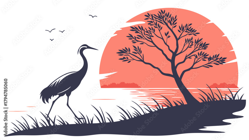 Naklejka premium Elegant Crane Bird and Tree Silhouette Vector Illustration at Sunset by Lake Peaceful Nature Landscape for Zen Travel Wellness and Asian Design
