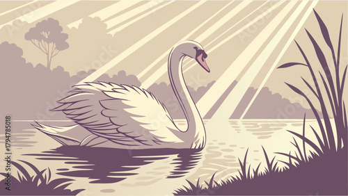 Elegant White Swan Gliding in Serene Lake with Golden Sunlight. Peaceful Nature Illustration for Wellness, Beauty, and Tranquility.