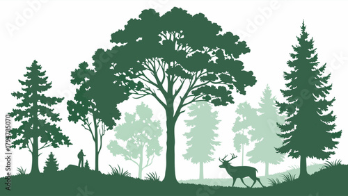 Vibrant Green Forest Silhouette with Deer and Hiker. Serene Nature Landscape for Outdoor Adventure, Wildlife Conservation, Environmental Branding, and Eco-Friendly Designs.