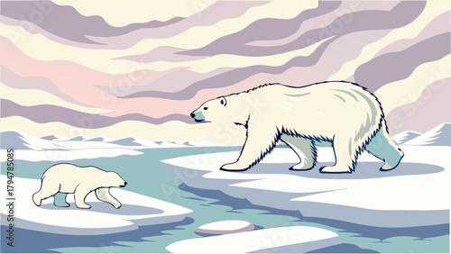 Arctic Polar Bear Mother and Cub Walking on Melting Ice Floes. Vector Illustration of Wildlife Family Journey for Conservation.