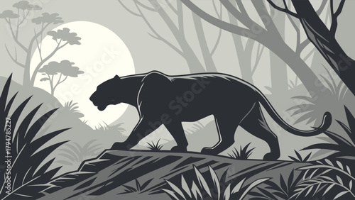 Powerful Stealthy Black Panther Prowling Moonlit Tropical Jungle. Monochromatic Wild Animal Illustration for Nature, Wildlife, and Environmental Design.