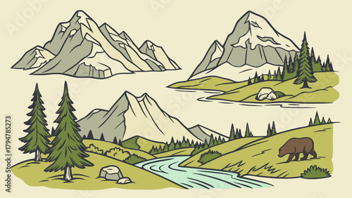 Serene Mountain Wilderness Illustration with Pine Forest River and Bear for Nature Travel Outdoor Adventure and Eco Tourism Design