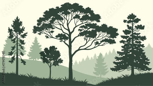 Peaceful Green Forest Silhouette Landscape with Diverse Trees and Rolling Hills for Nature Web Design Environmental Campaigns and Outdoor Branding