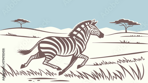 Wild Zebra Galloping Across African Savanna Plains Vintage Illustration for Nature Wildlife Travel Adventure and Children's Books