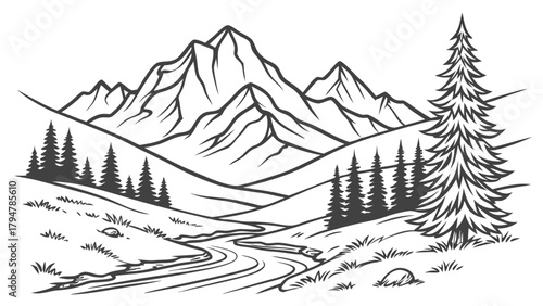 Line Art Mountain Landscape Illustration. Majestic Peaks, Winding River, Forest Trees. Outdoor Adventure, Nature Travel, Wilderness Graphic Design Element.