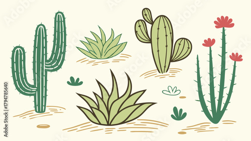 Cheerful Cactus and Succulent Plants Vector Set. Desert Flora Illustration for Southwestern Web Design, Branding, and Home Decor.