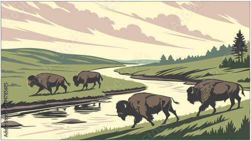 Majestic Wild American Bison Herd Walking Along River in Green Prairie Landscape Vector Illustration Wildlife Nature Travel Conservation