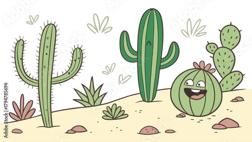 Smiling Cartoon Cacti Characters in Desert Landscape. Cute Succulent Plants Illustration for Kids Education, Summer Design, and Game Assets.