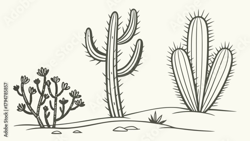 Hand Drawn Desert Cacti Line Art Illustration. Arid Southwestern Plants for Nature, Web Design, Travel, and Education.