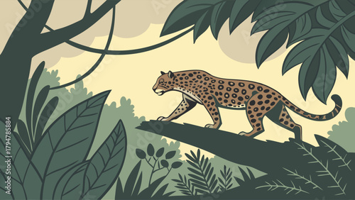 Powerful Leopard Walking on Tree Branch in Lush Green Jungle for Wildlife Conservation and Ecotourism