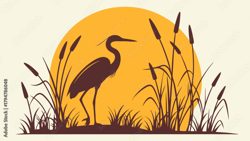 Naklejka premium Heron Silhouette in Reeds at Sunset Peaceful Wildlife Nature Scene for Environmental Conservation Tourism Wellness and Outdoor Branding