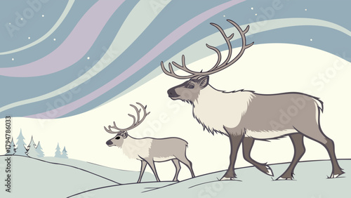 Majestic Reindeer and Calf Walking in Snowy Winter Wonderland Under Glowing Northern Lights