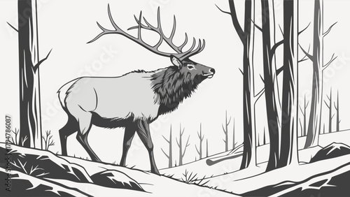 Majestic Elk Walking in Snowy Winter Forest Black and White Vector Art for Wildlife Conservation and Outdoor Adventure