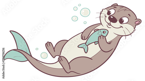 Cute Happy Cartoon Otter Floating on Back Holding Fish with Bubbles Vector Illustration for Kids Education and Nature Conservation