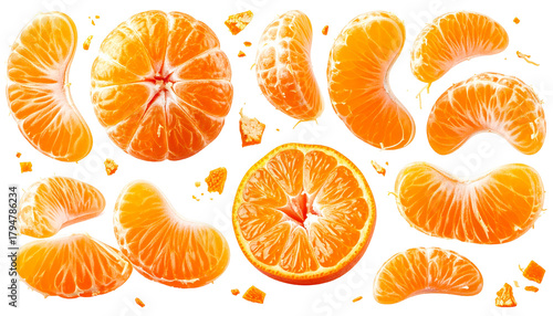 Juicy, bright orange mandarin citrus fruit in various cut sections against black