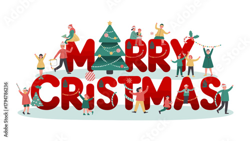 Merry Christmas Celebration: An festive illustration featuring people celebrating Christmas around large letters, showcasing a scene of joyous celebration and festive spirit.