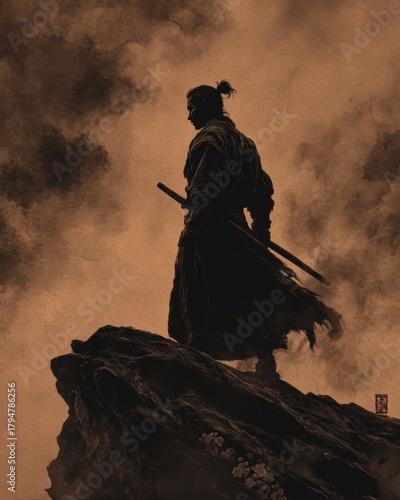 samurai standing on a misty mountain ridge