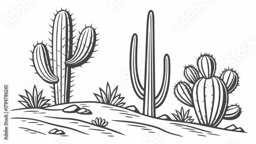 Black and White Desert Landscape with Saguaro and Barrel Cacti Line Art Vector. Arid Nature Illustration for Web, Education, and Travel Design.