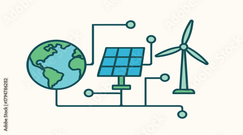 Vector illustration of renewable energy concepts with Earth, solar panels, and wind turbines connected by circuits, symbolizing sustainable power sources for a greener future.