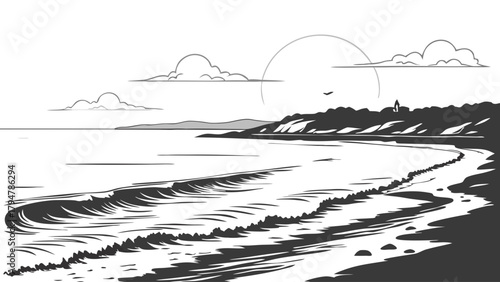 Scenic Coastal Beach Landscape with Ocean Waves and Cliffs. Black and White Travel Illustration.