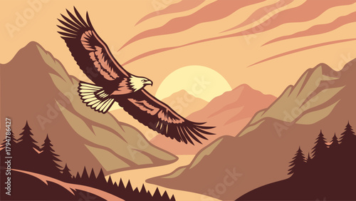 Powerful Bald Eagle Soaring Above Mountain Valley River at Sunset Inspiring Freedom and Adventure