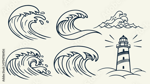 Hand Drawn Ocean Waves and Lighthouse Vector Set Dynamic Crashing Sea Icons for Marine Travel Coastal Branding and Web Design