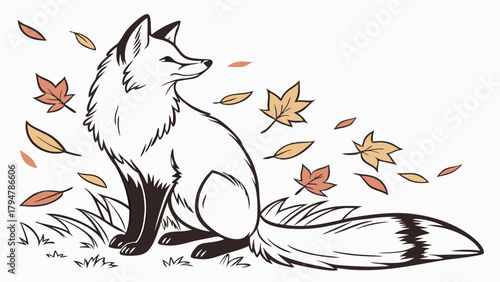 Peaceful White Fox Sitting in Autumn Grass with Colorful Falling Leaves Illustration for Seasonal Wildlife Web Design and Fall Marketing