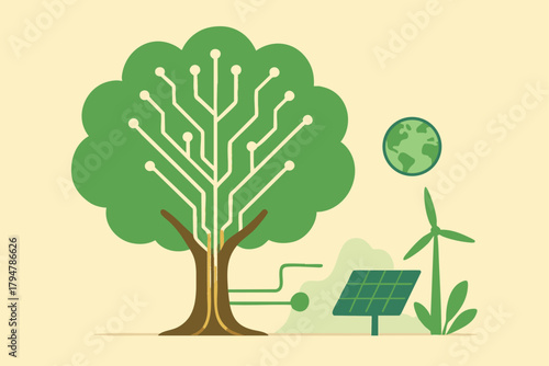Vector illustration of a tree with circuit-like branches symbolizing the fusion of nature and technology, alongside a globe, wind turbine, and solar panel, representing sustainable energy.