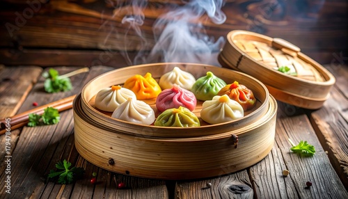 Fototapeta Naklejka Na Ścianę i Meble -  Steaming multi-colored dumplings in a bamboo steamer on rustic wooden planks with herbs and chopsticks