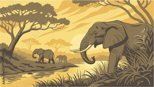 Majestic African Elephants Walking by River in Golden Savanna Sunset Vector Art for Safari Travel and Wildlife Conservation