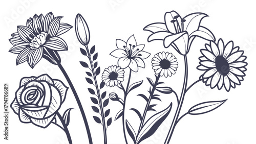 Elegant Hand Drawn Floral Line Art Illustration with Delicate Botanical Flowers for Wedding Invitations Branding Beauty Packaging and Web Design