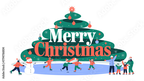 Festive Christmas Skating: A cheerful Christmas scene, where people happily ice skate around a charming Christmas tree, evoking warmth, joy, and the spirit of the season. 