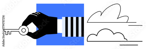 Hand in striped sleeve holding key beside minimalist cloud shapes. Ideal for opportunity, success, security, access, freedom, creativity, and innovation themes. Simple flat metaphor