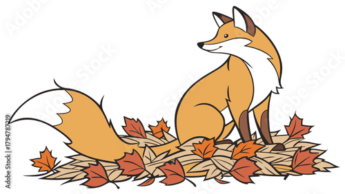 Whimsical Red Fox Sitting in Autumn Fall Leaves Cartoon Illustration for Children's Books and Seasonal Marketing