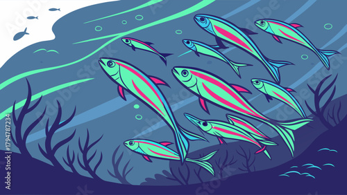 Vibrant School of Fish Swimming Underwater Illustration. Dynamic Marine Life, Ocean Ecosystem, Environmental Education, Nature Conservation, Web Design.