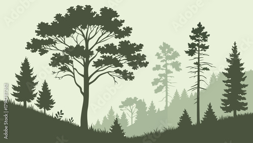 Serene Misty Forest Silhouette Landscape with Pine Trees for Environmental Backgrounds Nature Conservation and Peaceful Outdoor Web Design