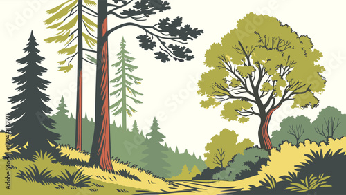 Vibrant Spring Forest Landscape Vector Art with Green Trees and Path. Ideal for Nature Websites, Outdoor Apps, and Environmental Graphics.