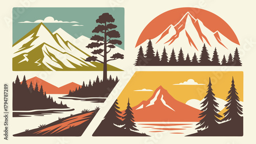 Retro Mountain Forest Landscape Vector Illustrations Set for Outdoor Adventure Travel Branding Web Design and Nature Exploration Graphics