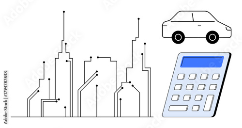 Urban skyline with circuit-thumbs up design, a simple car, and a calculator, symbolizing technology, smart cities, innovation, sustainability, automation, transportation and finance in a simple flat