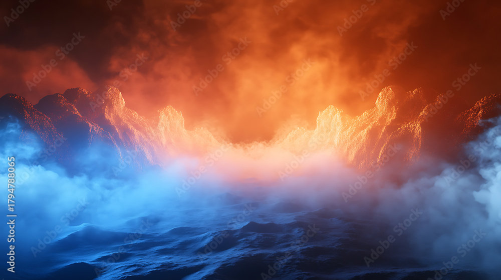 Obraz premium Ethereal fantasy landscape of blue foggy mist over dark ocean waves and fiery orange sky with dramatic illuminated rock formations