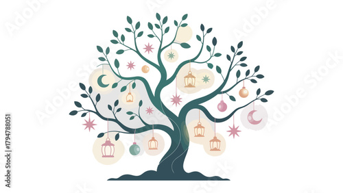 Enchanted Tree of Celebrations: A beautifully illustrated tree adorns with celestial and decorative elements, evoking a sense of joy and festivity.