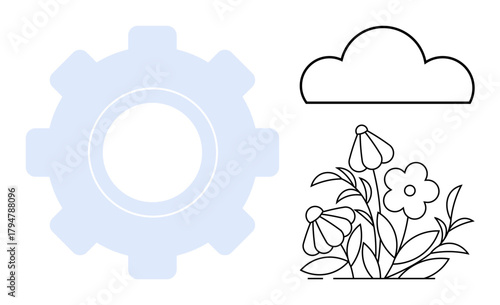 Gear symbolizing technology, cloud representing ideas or forecast, and flowers embodying growth and nature. Ideal for innovation, environment, creativity, sustainability, balance, harmony simple