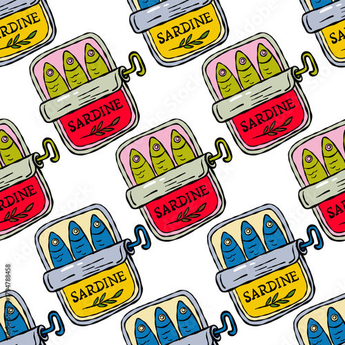 Seamless pattern with colorful sardine tins in pop art style